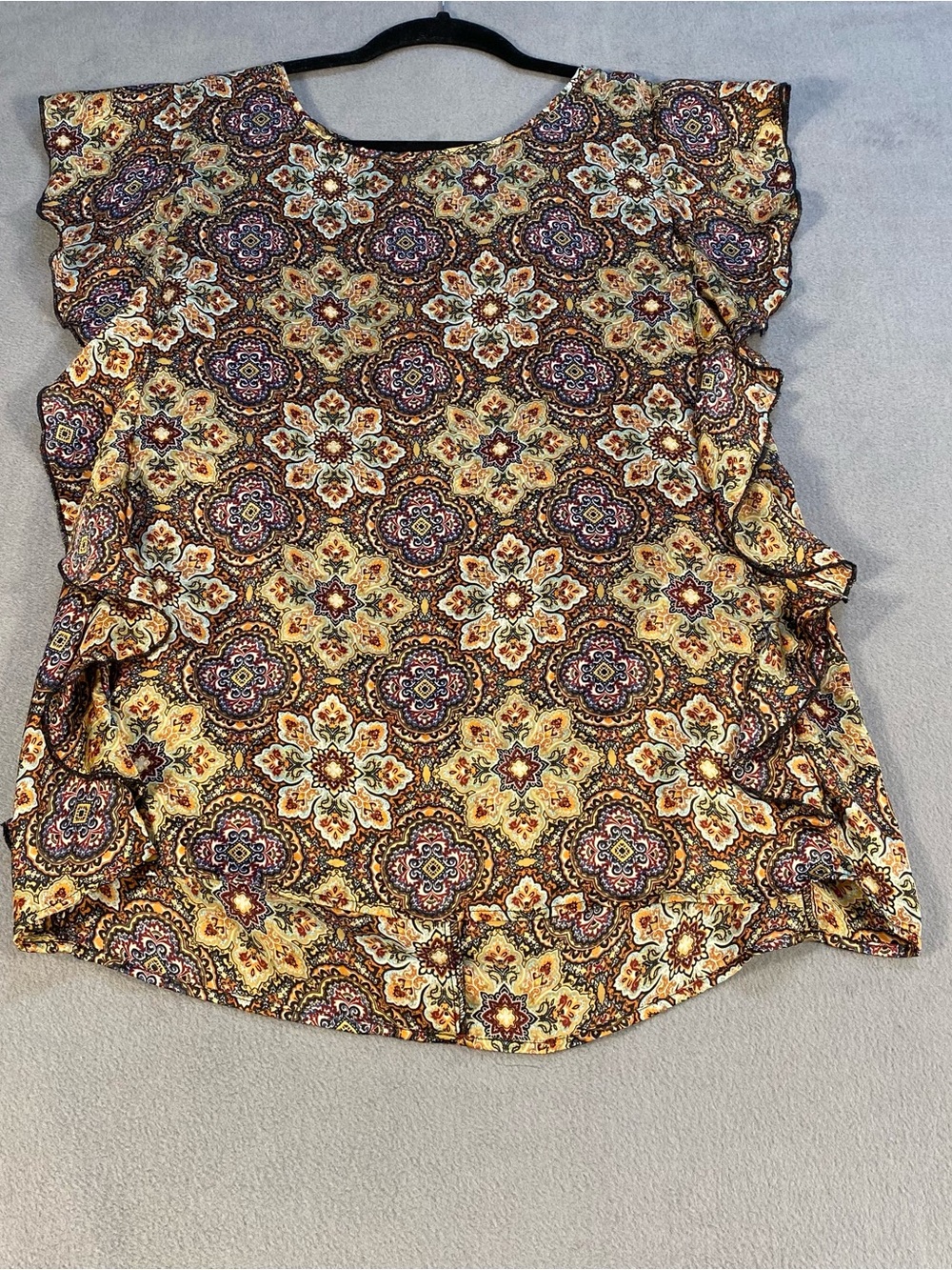Bobeau Women’s Floral Medallion Ruffle Sleeve Top - Yellow & Brown, size M